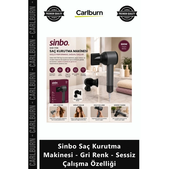 Özel Üretim SHD 1706 800W Hızlı Fön Sinbo Saç Kurutma Makinesi Gri Renk Sessiz Çalışma Özelliği