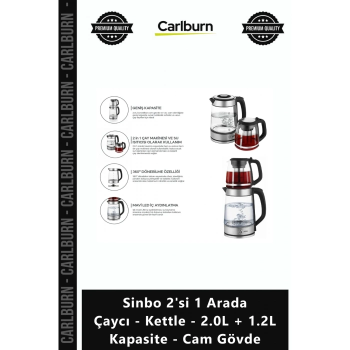 Özel Üretim Şık Mavi Led Işıklı Sinbo 2si 1 Arada Çaycı Kettle 20L + 12L Kapasite Cam Gövde