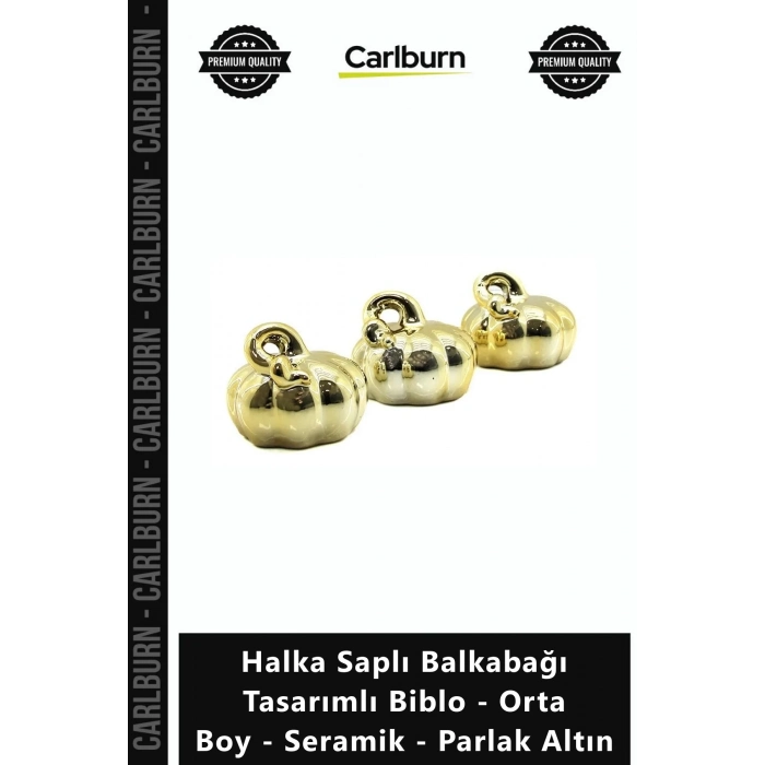 Özel Üretim Dekoratif Şık Halka Saplı Balkabağı Tasarımlı Biblo Orta Boy Seramik Parlak Altın