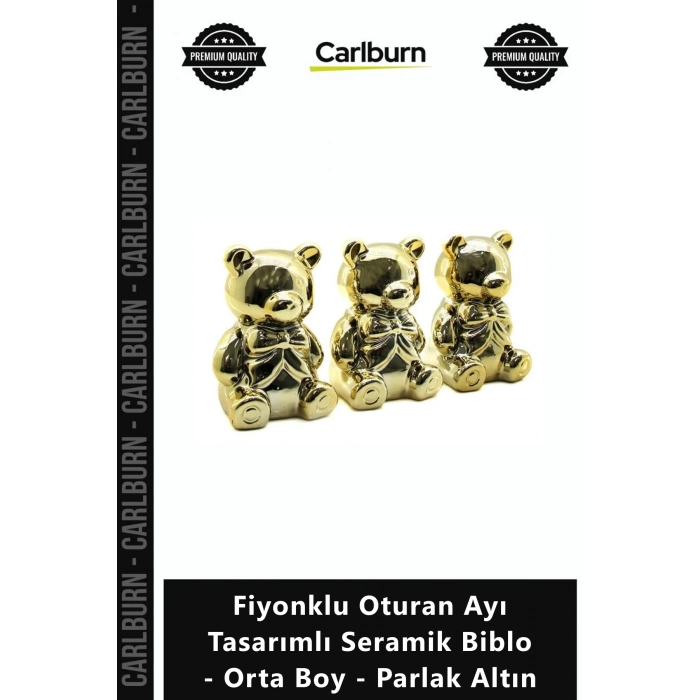 Özel Üretim Gold Dekoratif Fiyonklu Oturan Ayı Tasarımlı Seramik Biblo Orta Boy Parlak Altın