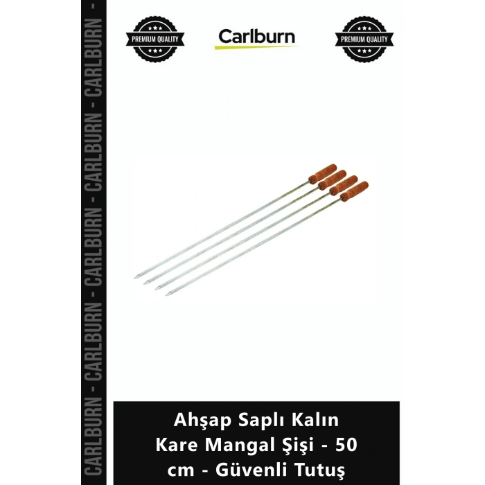 Özel Üretim Metal Çelik Ciğer Kebap Şişi Ahşap Saplı Kalın Kare Mangal Şişi 50 cm Güvenli Tutuş