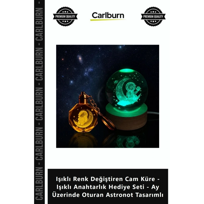 Özel Üretim Işıklı Renk ğiştiren Cam Küre Işıklı Anahtarlık Ay Üzerinde Oturan Astronot Tasarımlı