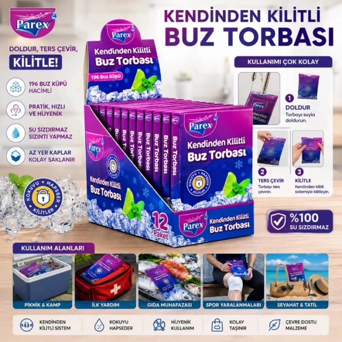 Özel Üretim Pratik Hijyenik Kendinden Kilitli Buz Torbası Koku Hapsetme Özellikli Sızdırmaz Tasarım