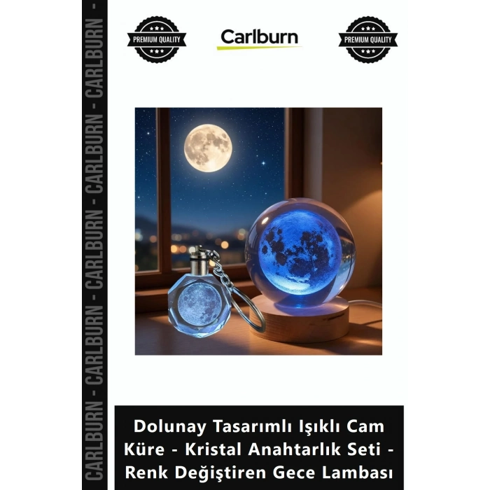 Özel Üretim Dolunay Tasarımlı Işıklı Cam Küre Kristal Anahtarlık Seti Renk ğiştiren Gece Lambası