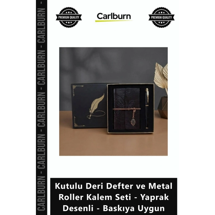 Özel Üretim Vip Logo Kutulu Deri Defter Metal Roller Kalem Seti Yaprak Desenli Baskıya Uygun