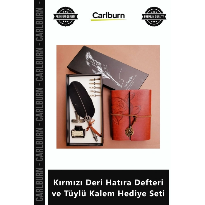 Özel Üretim Nostaljik Eskitme Tasarım şiye Kırmızı Deri Hatıra Defteri Tüylü Kalem Hediye Seti