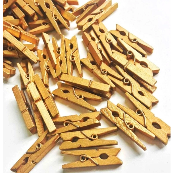 Özel Üretim Dekoratif Şık Tasarım Mini Fotoğraf 100lü Gold Ahşap Mandal 25cm 10lu Paket1000 Adet