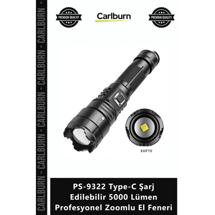 Özel Üretim PeakStar XHP70 PS9322 TypeC Şarj Edilebilir 5000 Lümen Profesyonel Zoomlu El Feneri