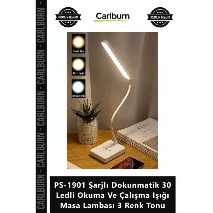 Özel Üretim USB PS1901 Şarjlı Dokunmatik 30 Ledli Okuma Çalışma Işığı Masa Lambası 3 Renk Tonu