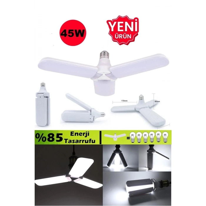 Özel Üretim E27 Duy Pervane Ampül 45 W 3 Kollu Katlanır Pervane Led Ampül Tasarruflu Kanatlı Led