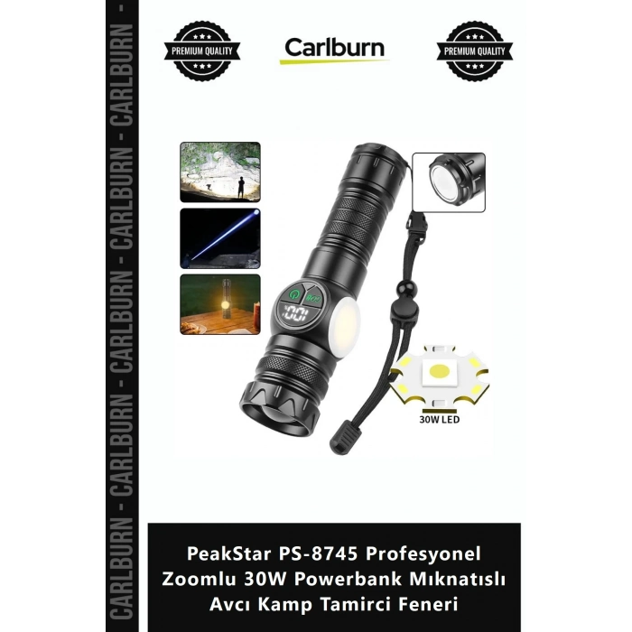 Özel Üretim PeakStar PS8745 Profesyonel Zoomlu 30W Powerbank Mıknatıslı Avcı Kamp Tamirci Feneri