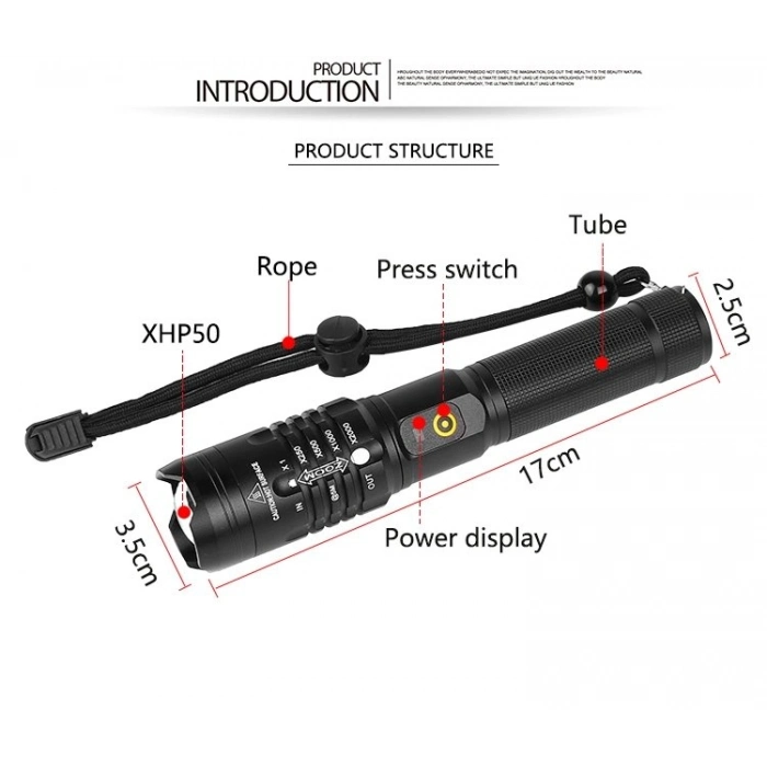 Özel Üretim Güçlü Avcı PeakStar PS080 Zoomlu Xhp 50 Led USB Şarj Edilebilir Profesyonel El Feneri
