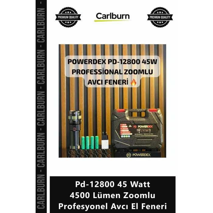 Özel Üretim Şarjlı Güçlü Su Geçirmez Pd12800 45 Watt 4500 Lümen Zoomlu Profesyonel Avcı El Feneri