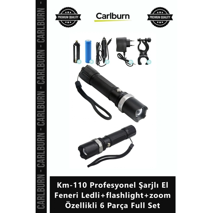 Özel Üretim Km110 Profesyonel Şarjlı El Feneri Ledli+flashlight+zoom Özellikli 6 Parça Full Set