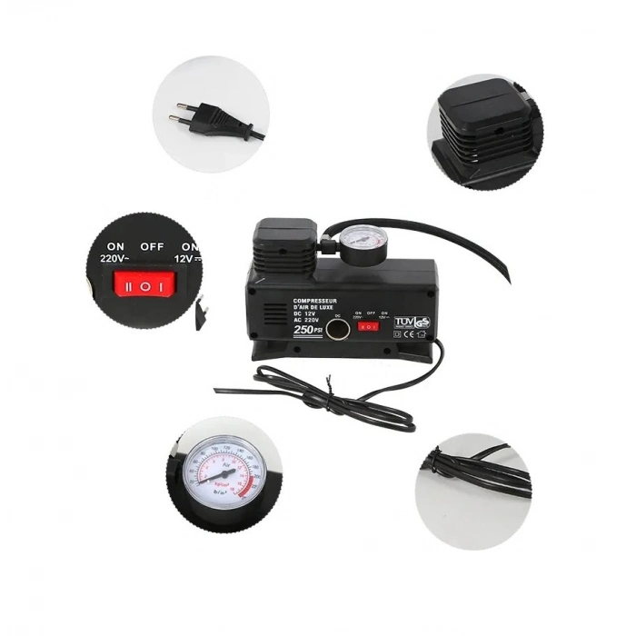 Özel Üretim Taşınabilir Metal Gövde Güçlü KA843 Göstergeli 250 PSI 12V 35 LPM Oto Hava Kompresörü