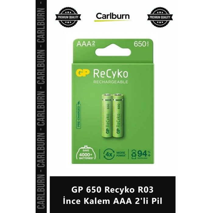 Özel Üretim Şarj Edilebilir Yüksek Performanslı Ekonomik GP 650 Recyko R03 İnce Kalem AAA 2li Pil