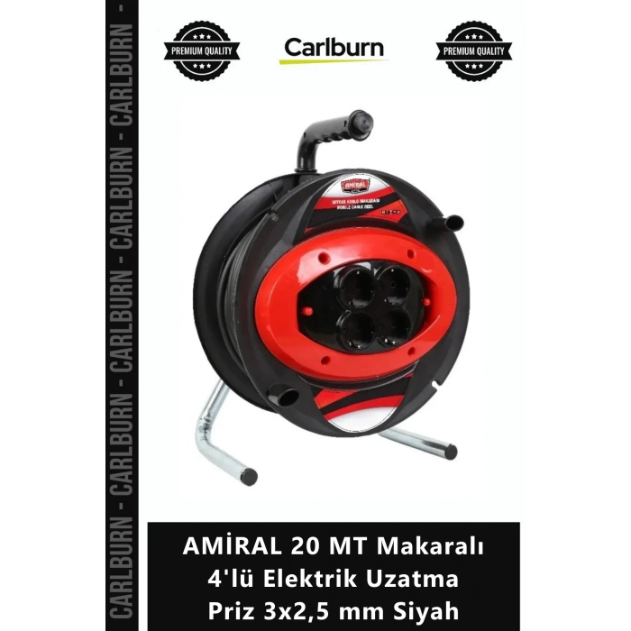 Özel Üretim Dayanıklı Kalın Kablolu AMİRAL 20 MT Makaralı 4lü Elektrik Uzatma Priz 3x25 mm Siyah