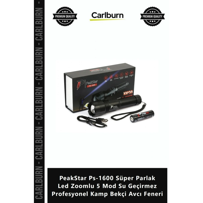 Özel Üretim PeakStar Ps1600 Süper Parlak Led Zoomlu 5 Mod Su Geçirmez Profesyonel Kamp Bekçi Avcı Fe