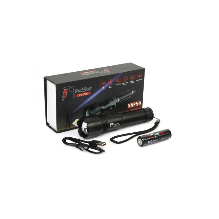 Özel Üretim PeakStar Ps1600 Süper Parlak Led Zoomlu 5 Mod Su Geçirmez Profesyonel Kamp Bekçi Avcı Fe