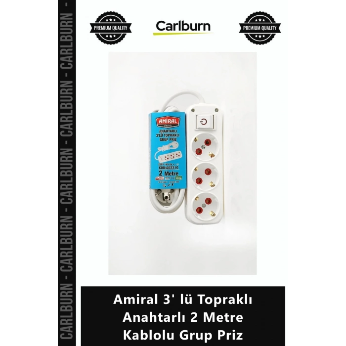 Özel Üretim Beyaz Uzatma Kablosu Güçlü Amiral 3 lü Topraklı Anahtarlı 2 Metre Kablolu Grup Priz