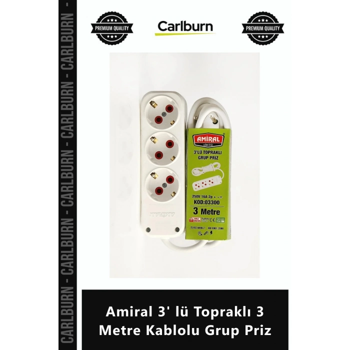 Özel Üretim Beyaz Dayanıklı Güvenli Uzatma Kablosu Amiral 3 lü Topraklı 3 Metre Kablolu Grup Priz