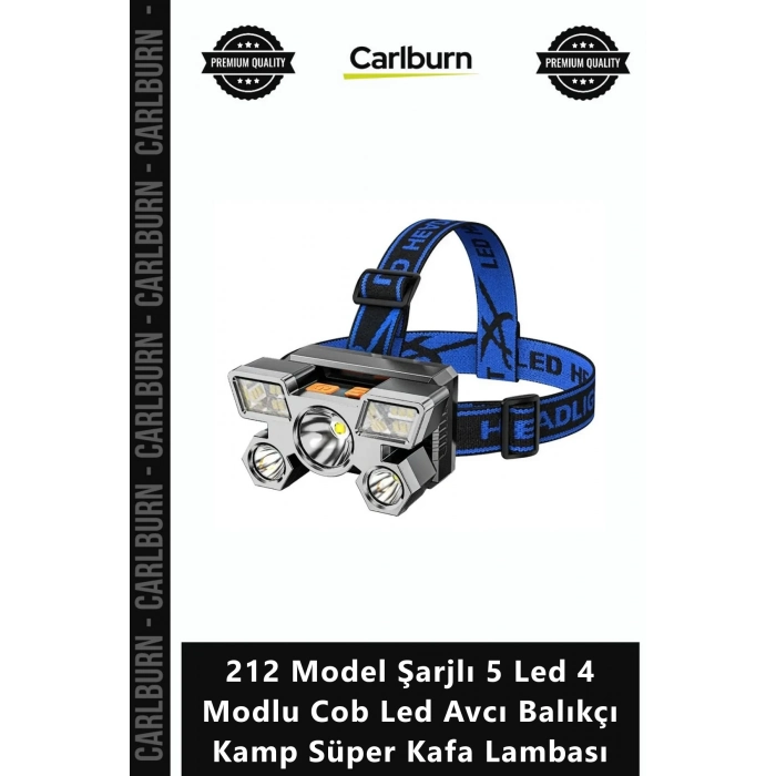 Özel Üretim Ultra Güçlü 212 Model Şarjlı 5 Led 4 Modlu Cob Led Avcı Balıkçı Kamp Süper Kafa Lambası