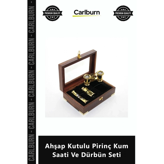 Özel Üretim Nostaljik Dekoratif Vintage Koleksiyonluk Ahşap Kutulu Pirinç Kum Saati Dürbün Seti