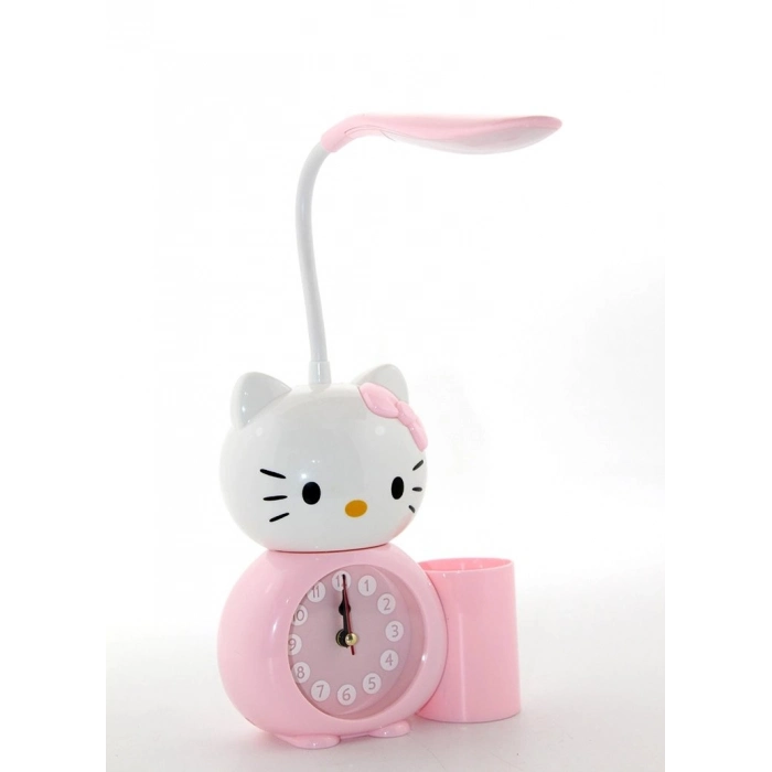 Özel Üretim LED Işıklı Pembe Dekoratif Çocuk Odası Hediye Hello Kitty Masa Lambası Saat Kalemlik