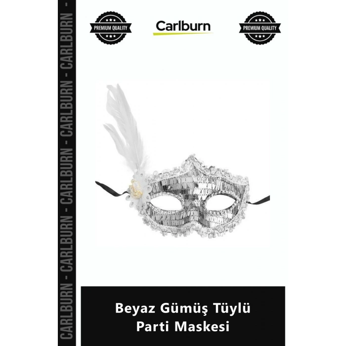 Özel Üretim Kaliteli Plastik Parlak Süslemeli Şık Zarif Maskeli Balo Beyaz Gümüş Tüylü Parti Maskesi