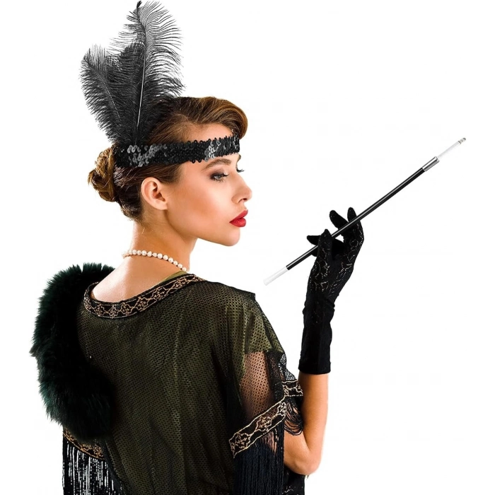 Özel Üretim 1920ler Gatsby Temalı Parti Kostümü Tüylü Siyah Retro Charliston Saç Bandı Sigaralık