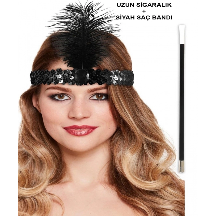 Özel Üretim 1920ler Gatsby Temalı Parti Kostümü Tüylü Siyah Retro Charliston Saç Bandı Sigaralık