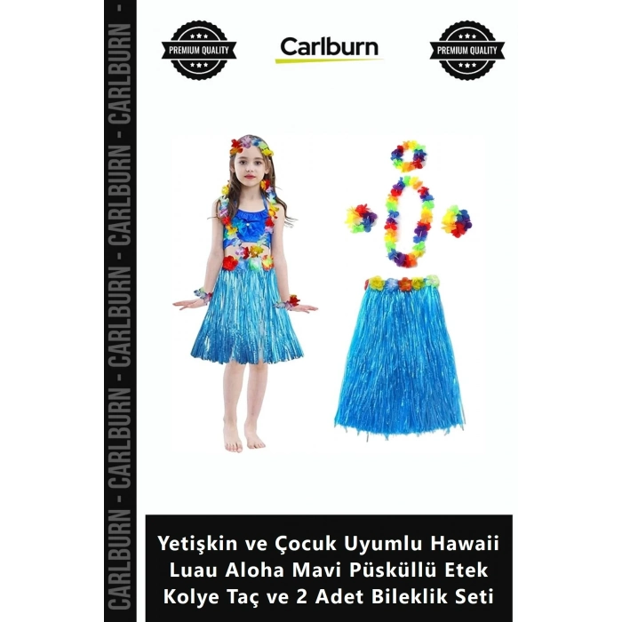 Özel Üretim Yetişkin Çocuk Uyumlu Hawaii Luau Aloha Mavi Püsküllü Etek Kolye Taç 2 Bileklik Seti