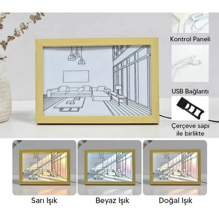 Özel Üretim Estetik Masa Üstü Dekoratif USB Nostaljik Kalem Çizim Aydınlatmalı Işıklı Retro Tablo