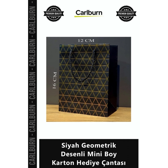 Özel Üretim Lüks Gold Yaldızlı Kaliteli Çanta Siyah Geometrik Desenli Mini Boy Karton Hediye Çantası
