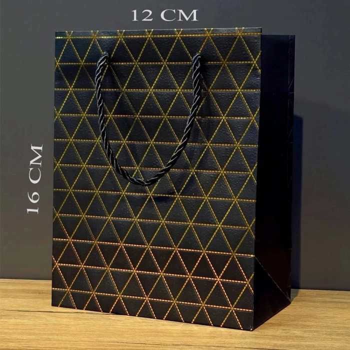 Özel Üretim Lüks Gold Yaldızlı Kaliteli Çanta Siyah Geometrik Desenli Mini Boy Karton Hediye Çantası