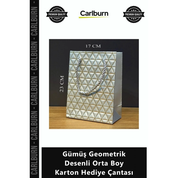 Özel Üretim Lüks Şık Metalik Modern Tasarım Gümüş Geometrik Desenli Orta Boy Karton Hediye Çantası