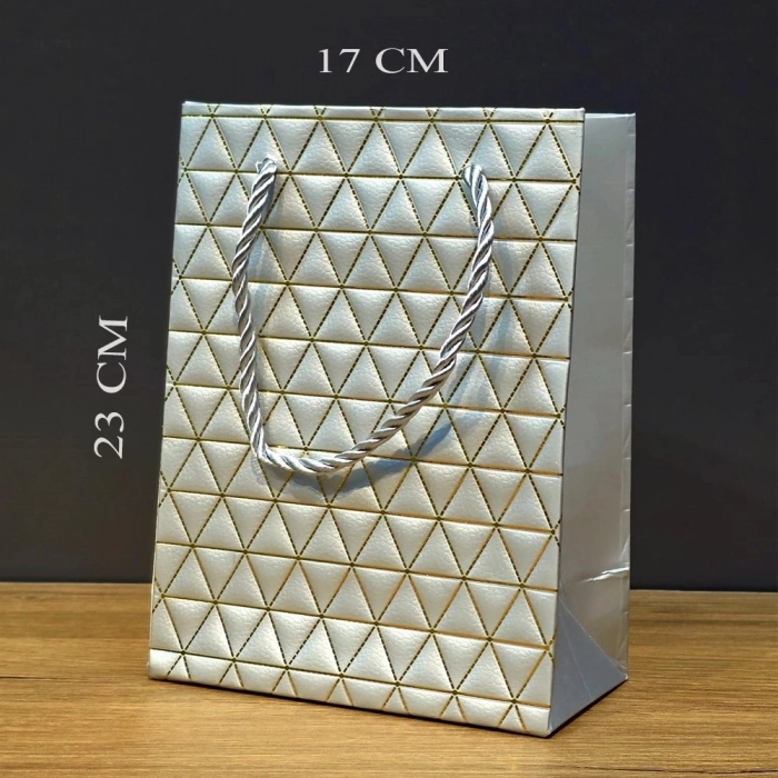 Özel Üretim Lüks Şık Metalik Modern Tasarım Gümüş Geometrik Desenli Orta Boy Karton Hediye Çantası