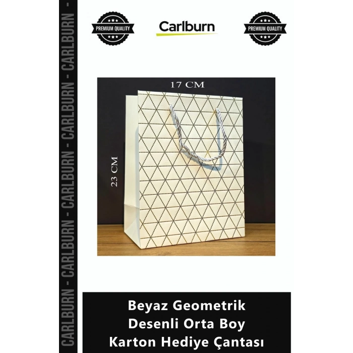 Özel Üretim Modern Şık Lüks Kaliteli Sunum Kutu Beyaz Geometrik Desenli Orta Boy Karton Hediye Çanta