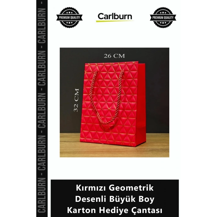 Özel Üretim Şık Lüks Kaliteli Yılbaşı Tasarım Kırmızı Geometrik Desenli Büyük Boy Karton Hediye Çant