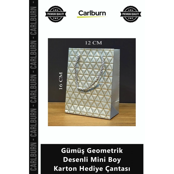 Özel Üretim Lüks Şık 16x12 Takı Sunum Paketleme Gümüş Geometrik Desenli Mini Boy Karton Hediye Çanta