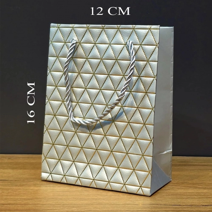 Özel Üretim Lüks Şık 16x12 Takı Sunum Paketleme Gümüş Geometrik Desenli Mini Boy Karton Hediye Çanta
