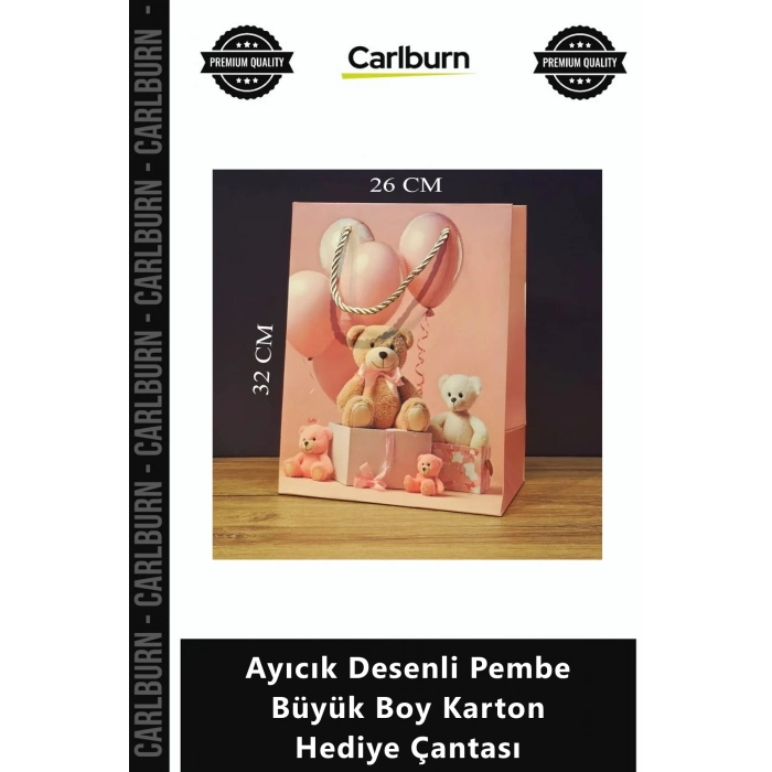 Özel Üretim Kaliteli Dayanıklı Bebek Sunum Ayıcık Desenli Pembe Büyük Boy Karton Hediye Çantası