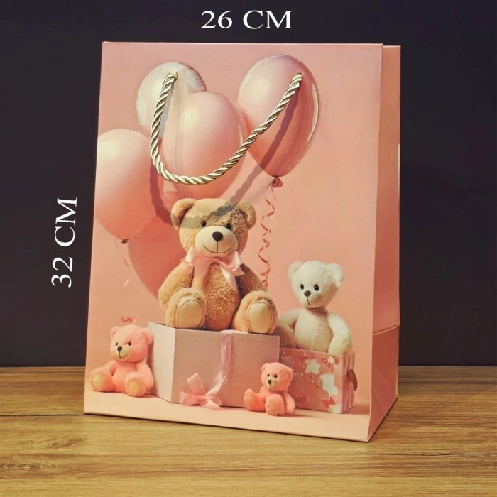 Özel Üretim Kaliteli Dayanıklı Bebek Sunum Ayıcık Desenli Pembe Büyük Boy Karton Hediye Çantası