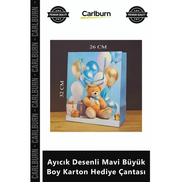 Özel Üretim Lüks Kaliteli Dayanıklı Bebek Tasarım Ayıcık Desenli Mavi Büyük Boy Karton Hediye Çantas