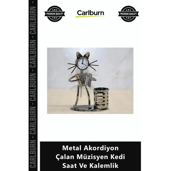 Özel Üretim El İşçiliği Dekoratif Masaüstü Obje Metal Akordiyon Çalan Müzisyen Kedi Saat Kalemlik