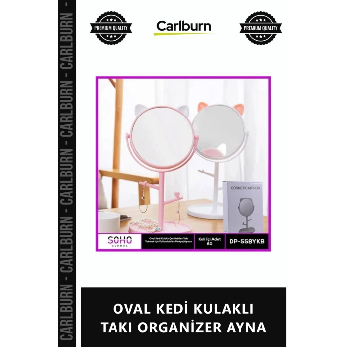 Özel Üretim Dekoratif Masaüstü Makyaj Aynası Şık Modern Kedili OVAL KEDİ KULAKLI TAKI ORGANİZER AYNA