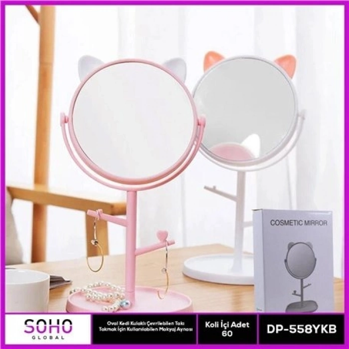 Özel Üretim Dekoratif Masaüstü Makyaj Aynası Şık Modern Kedili OVAL KEDİ KULAKLI TAKI ORGANİZER AYNA
