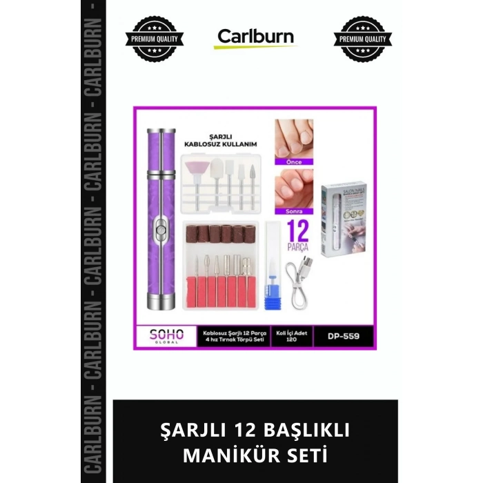 Özel Üretim Profesyonel Tırnak Bakım Pedikür Elektrikli Törpü Cihazı ŞARJLI 12 BAŞLIKLI MANİKÜR SETİ