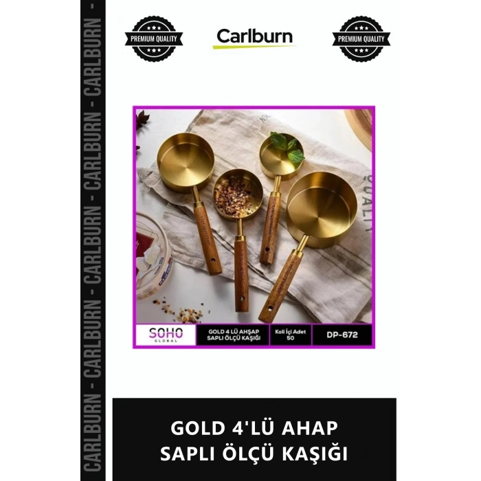 Özel Üretim Paslanmaz Çelik Lüks Dekoratif Mutfak Seti Hassas GOLD 4LÜ AHAP SAPLI ÖLÇÜ KAŞIĞI