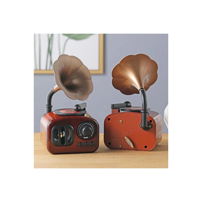 Özel Üretim Nostaljik Retro Radyo Görünümlü Kurmalı Mekanik Masaüstü Gramofon Tasarımlı Müzik Kutusu